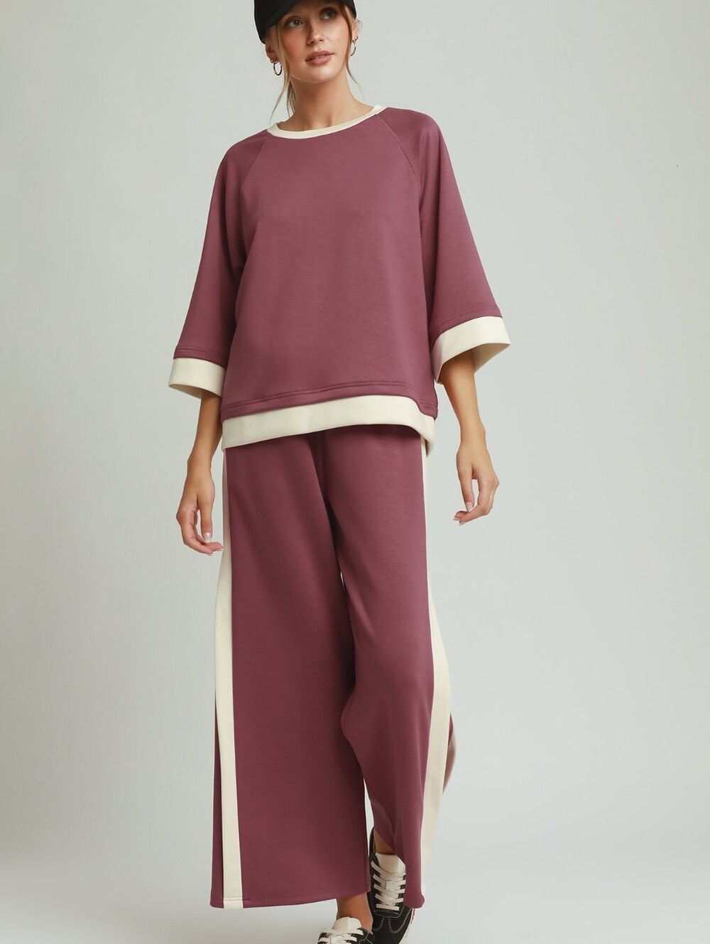 Umgee Colorblock Side Stripe Lounge Trouser in Dusty Rose with Cream Trim sz Med